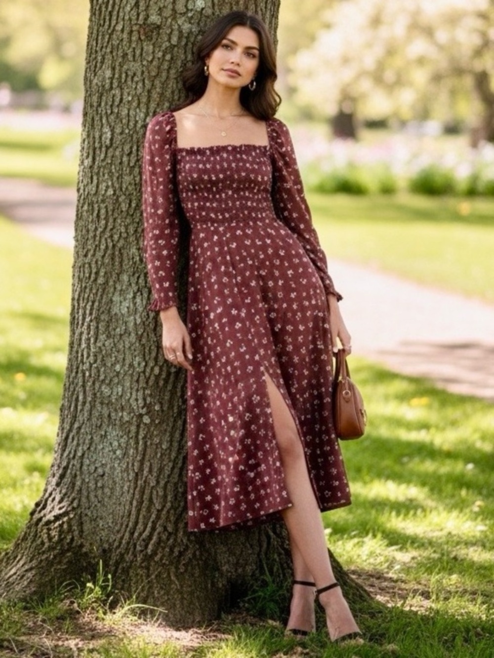 SHEIN Floral Ditsy Smocked Square-Neck Midi Dress - Picture 2 of 11
